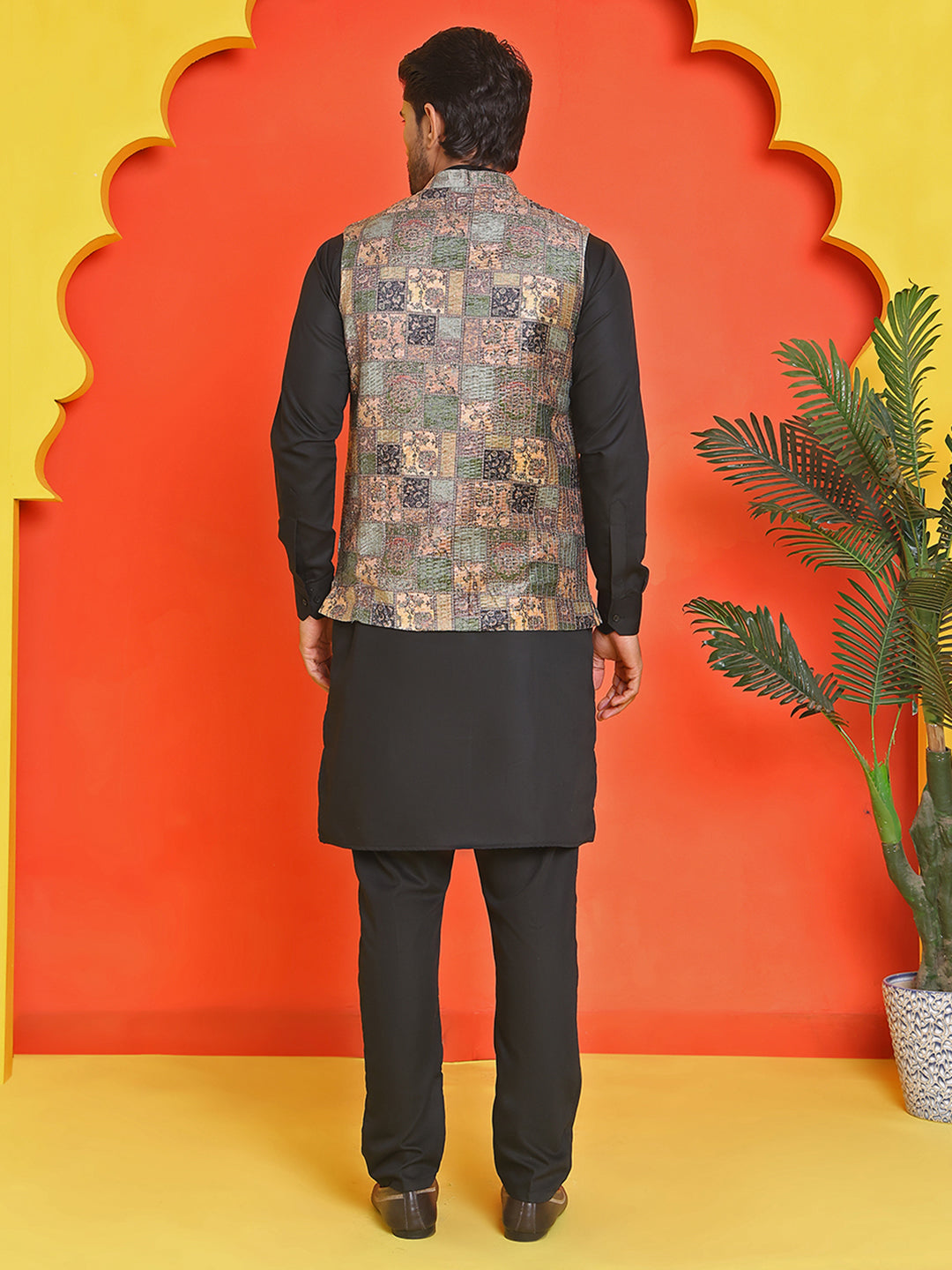 Sequins & Printed Nehru Jacket With Solid Kurta Pyjama Set