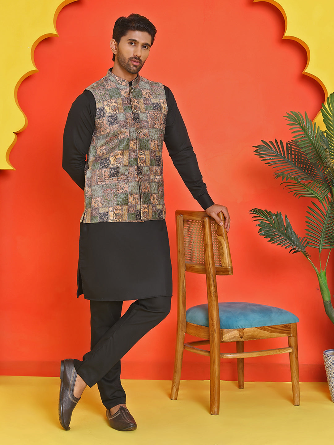 Sequins & Printed Nehru Jacket With Solid Kurta Pyjama Set