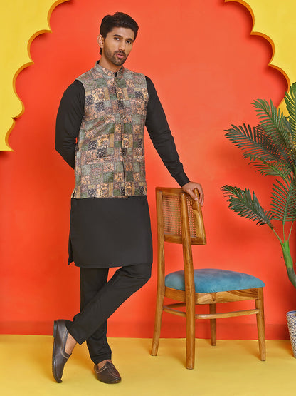Sequins & Printed Nehru Jacket With Solid Kurta Pyjama Set