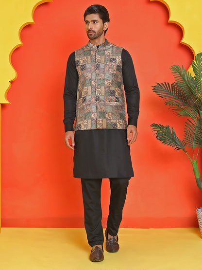 Sequins & Printed Nehru Jacket With Solid Kurta Pyjama Set