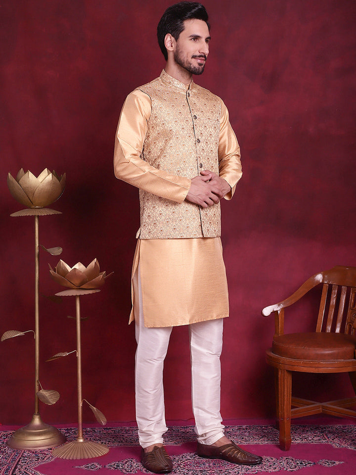 Woven Design Nehru Jacket With Kurta Pyjama Set