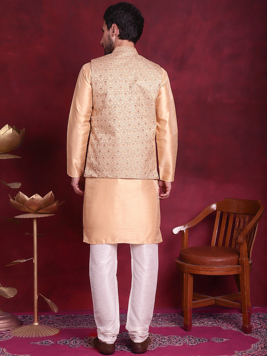 Woven Design Nehru Jacket With Kurta Pyjama Set