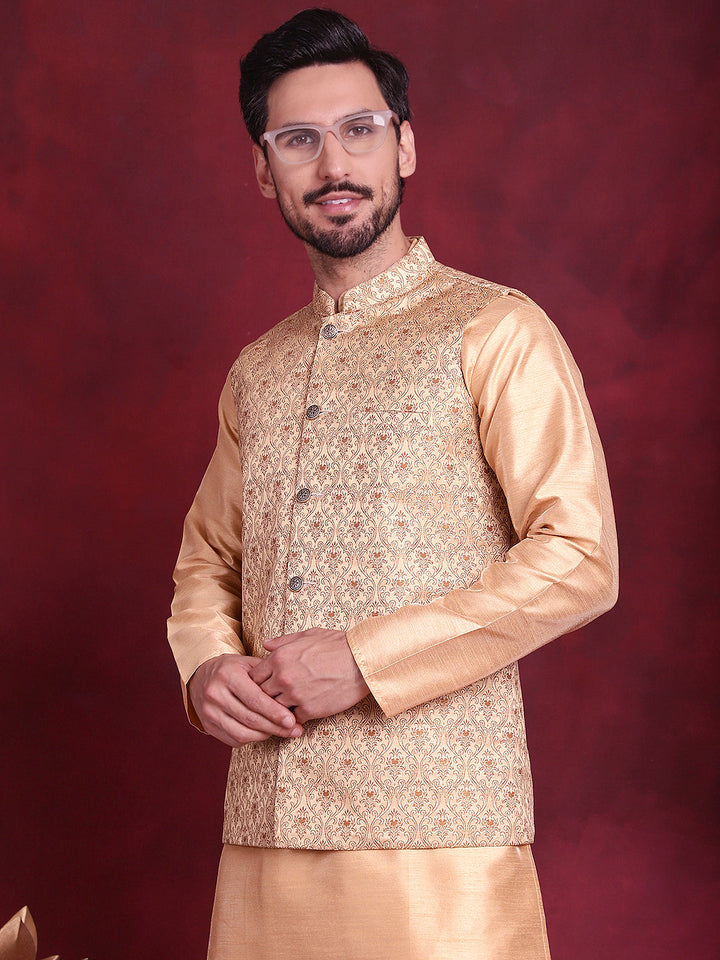 Woven Design Nehru Jacket With Kurta Pyjama Set