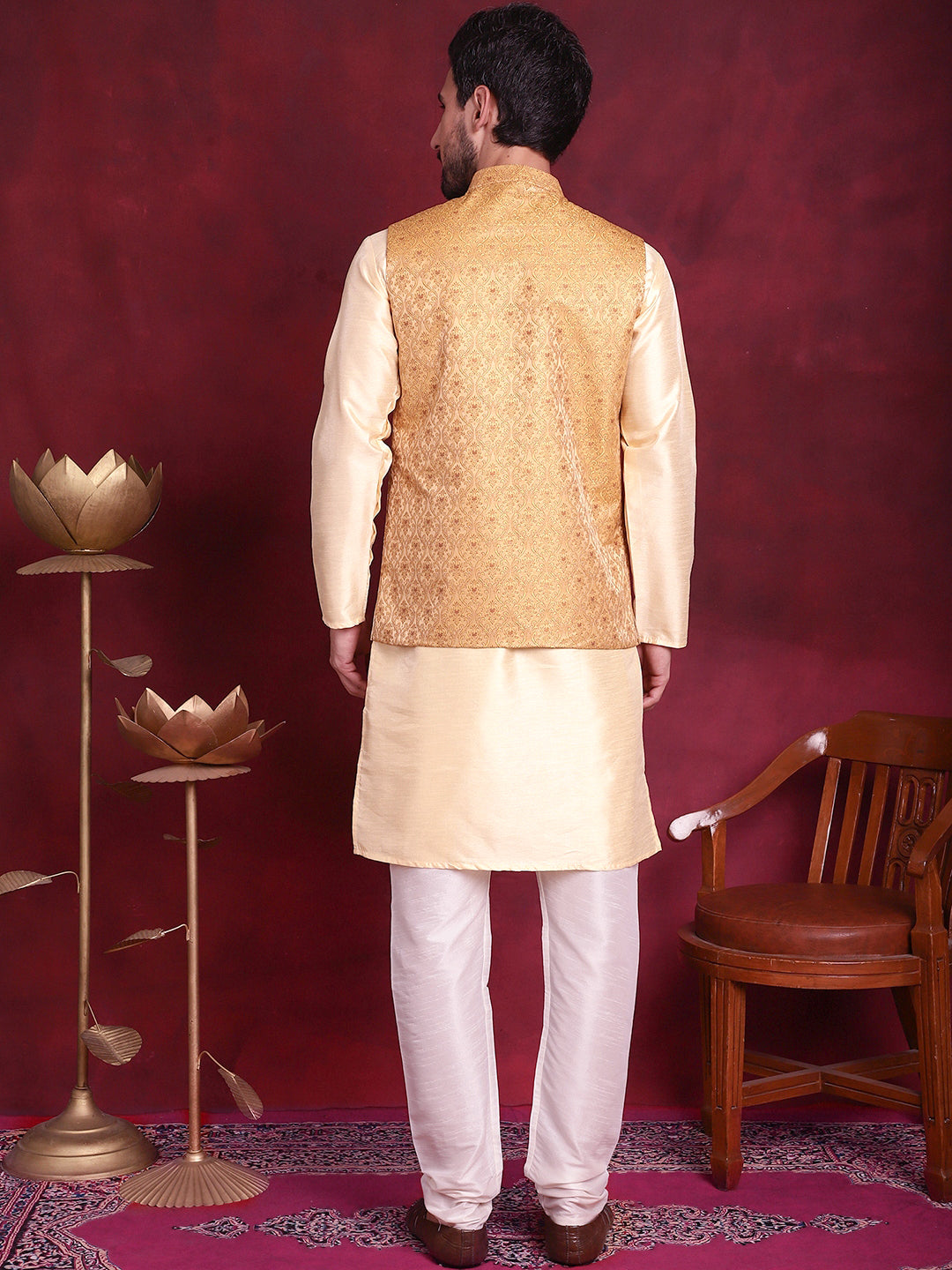 Woven Design Nehru Jacket With Kurta Pyjama Set