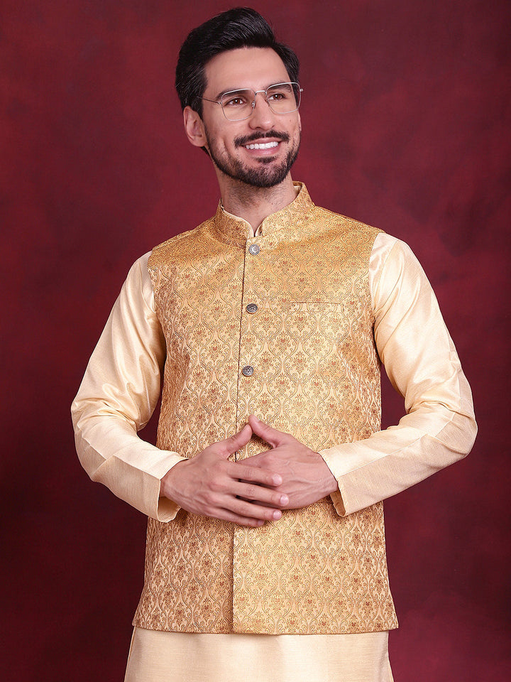 Woven Design Nehru Jacket With Kurta Pyjama Set