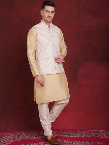 White Woven Design Nehru Jacket With Kurta Pyjama Set