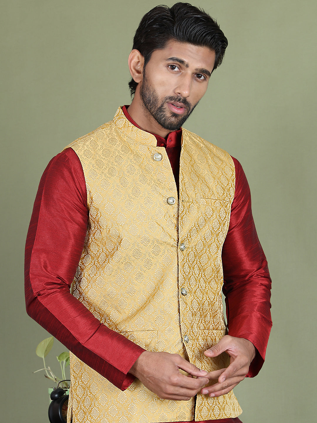 Woven Design Nehru Jacket With Solid Kurta Pyjama For Men