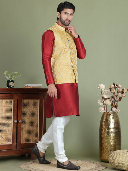 Woven Design Nehru Jacket With Solid Kurta Pyjama For Men