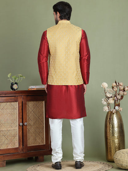 Woven Design Nehru Jacket With Solid Kurta Pyjama For Men