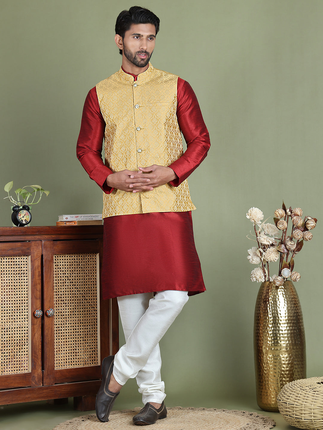 Woven Design Nehru Jacket With Solid Kurta Pyjama For Men