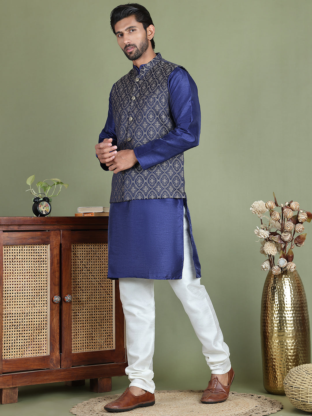 Woven Design Nehru Jacket With Solid Kurta Pyjama For Men