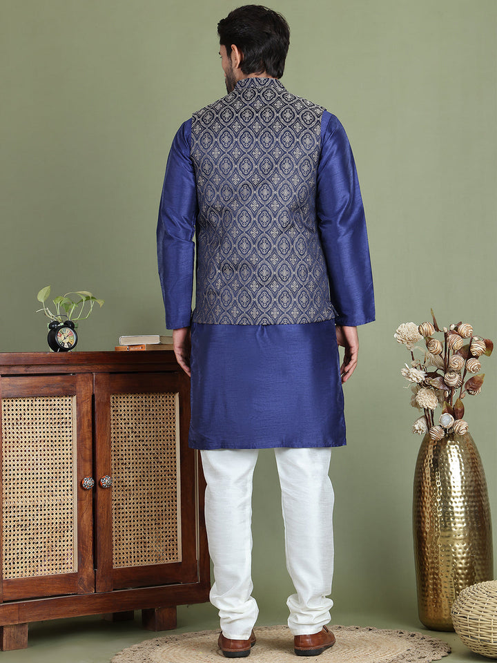 Woven Design Nehru Jacket With Solid Kurta Pyjama For Men