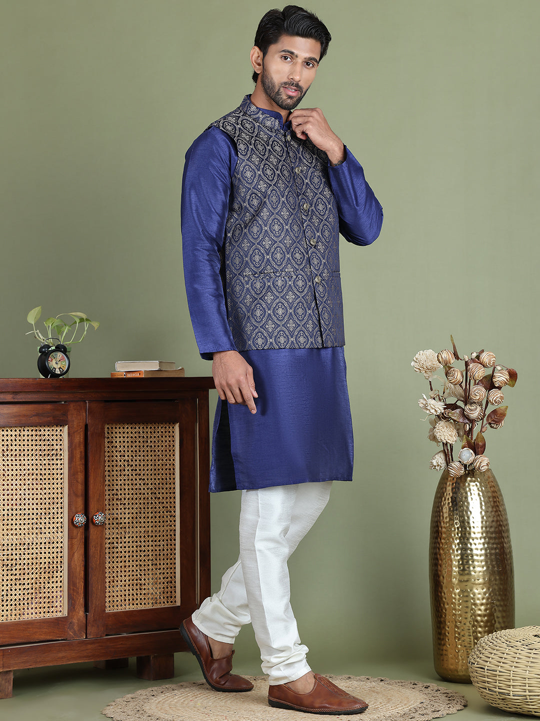 Woven Design Nehru Jacket With Solid Kurta Pyjama For Men