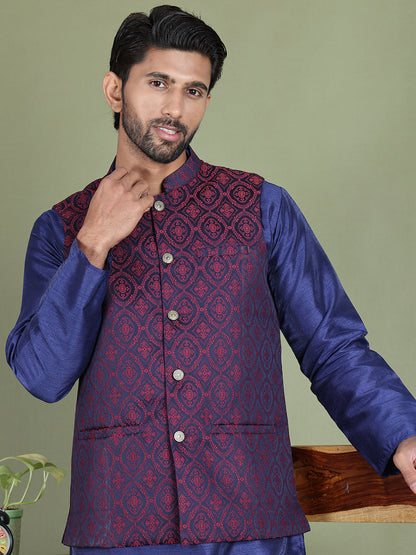 Woven Design Nehru Jacket With Solid Kurta Pyjama For Men