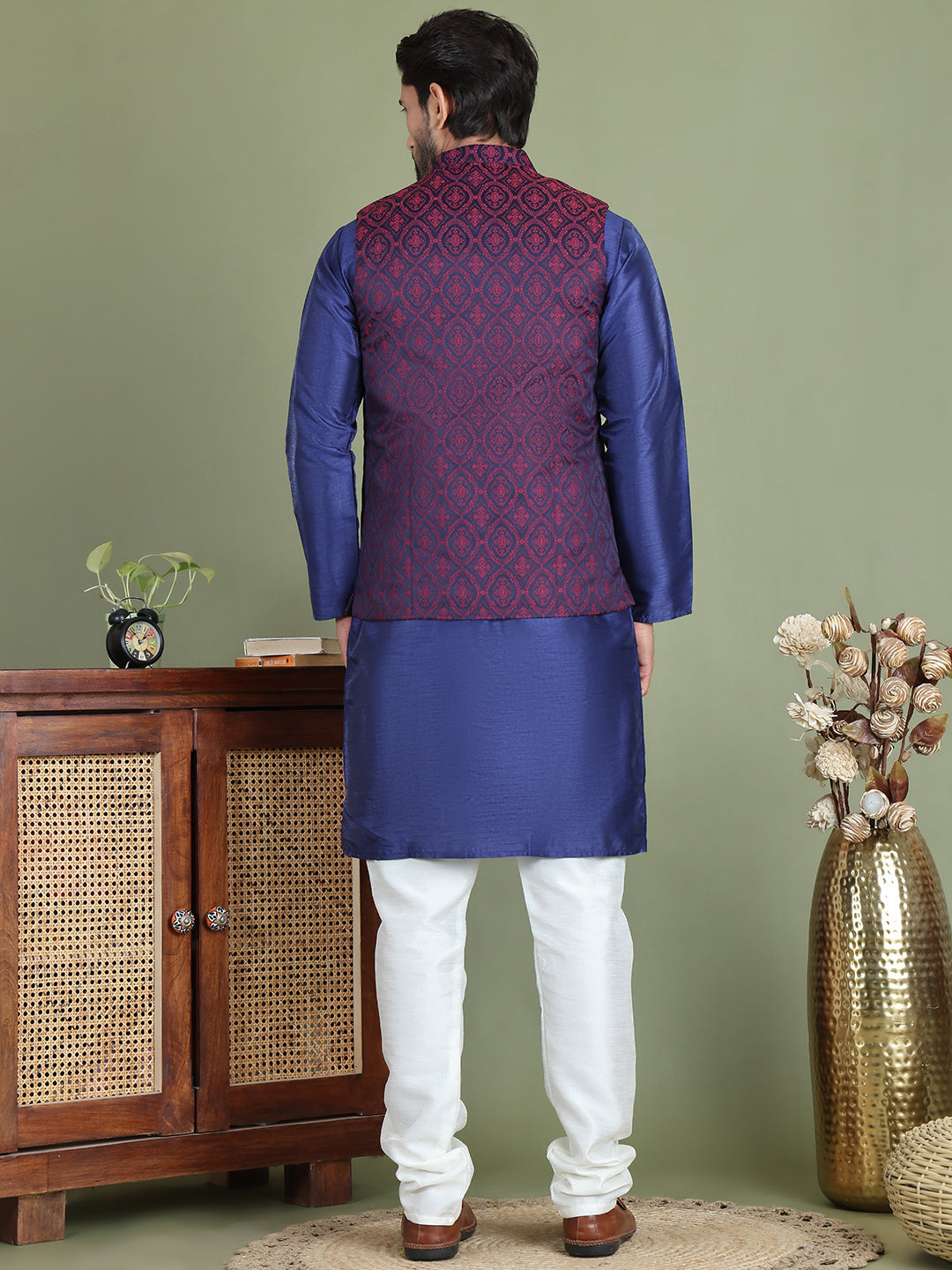 Woven Design Nehru Jacket With Solid Kurta Pyjama For Men