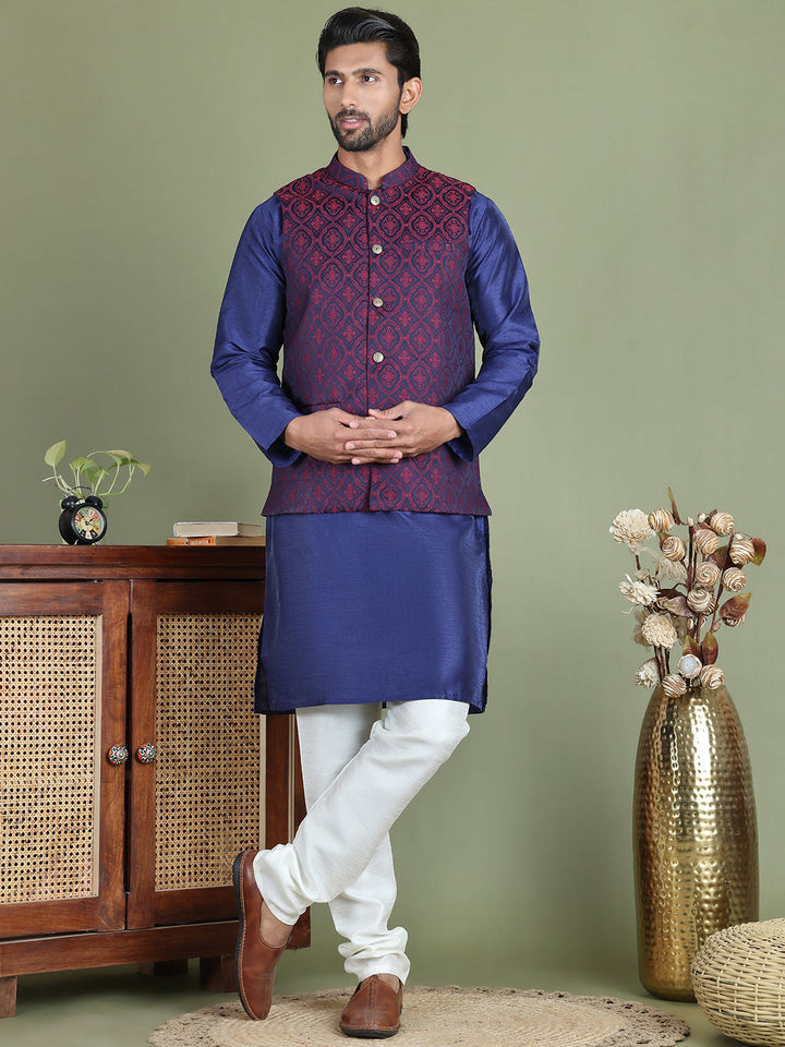 Woven Design Nehru Jacket With Solid Kurta Pyjama For Men