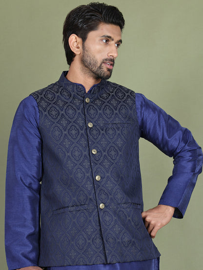 Woven Design Nehru Jacket With Solid Kurta Pyjama For Men