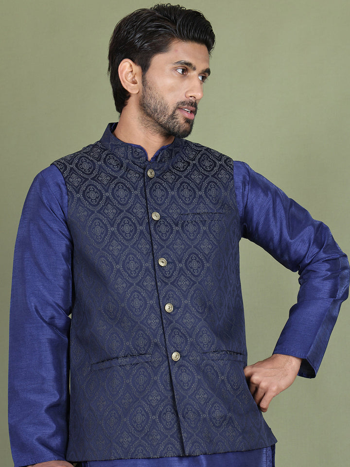 Woven Design Nehru Jacket With Solid Kurta Pyjama For Men