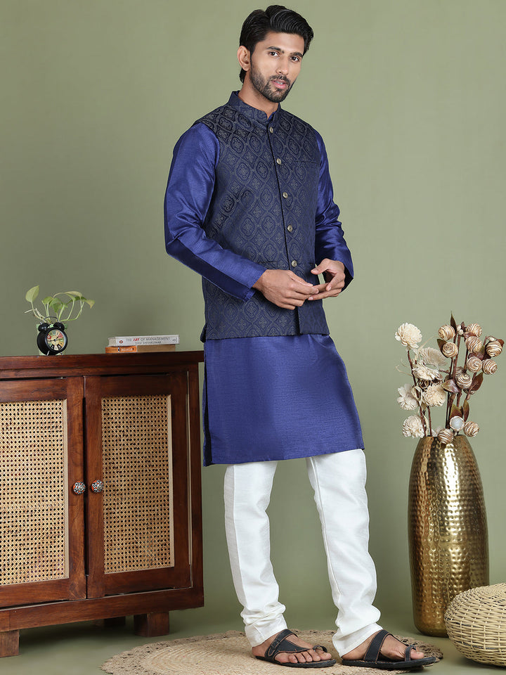Woven Design Nehru Jacket With Solid Kurta Pyjama For Men