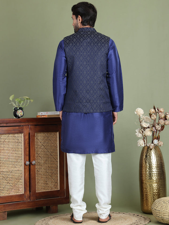 Woven Design Nehru Jacket With Solid Kurta Pyjama For Men