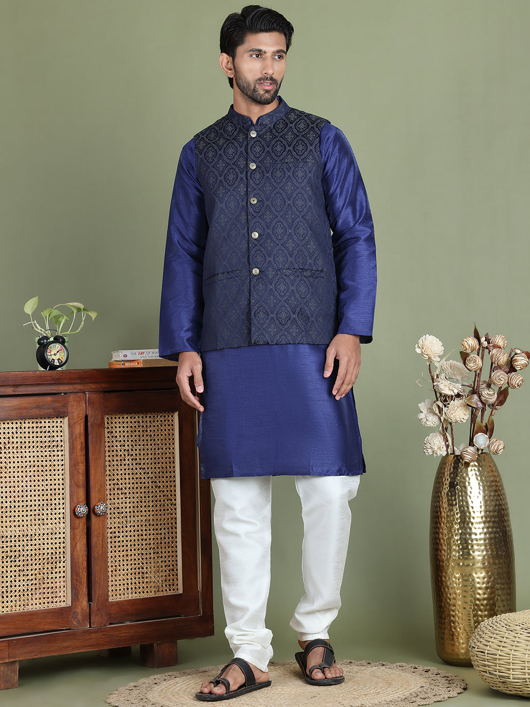 Woven Design Nehru Jacket With Solid Kurta Pyjama For Men