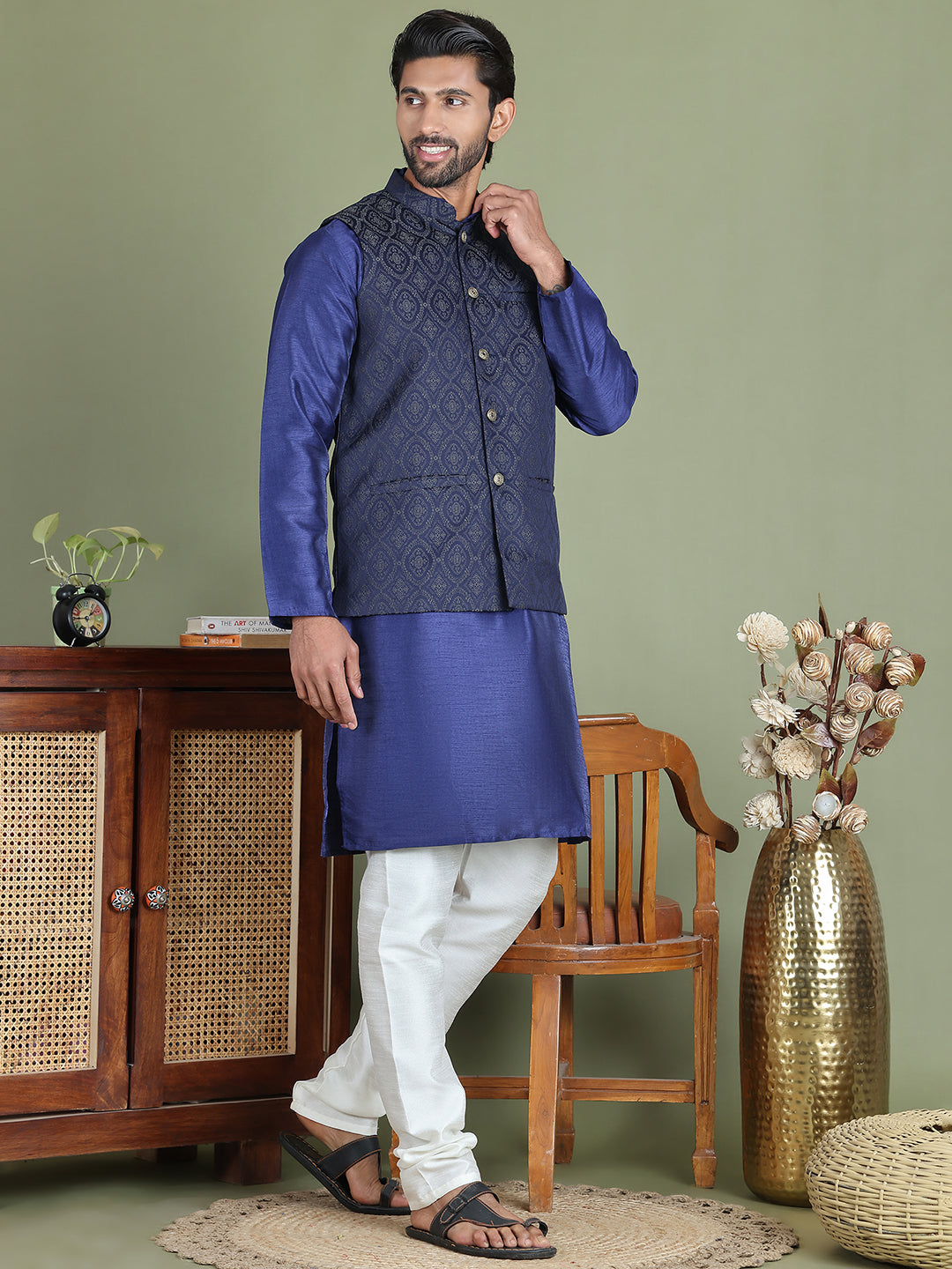 Woven Design Nehru Jacket With Solid Kurta Pyjama For Men