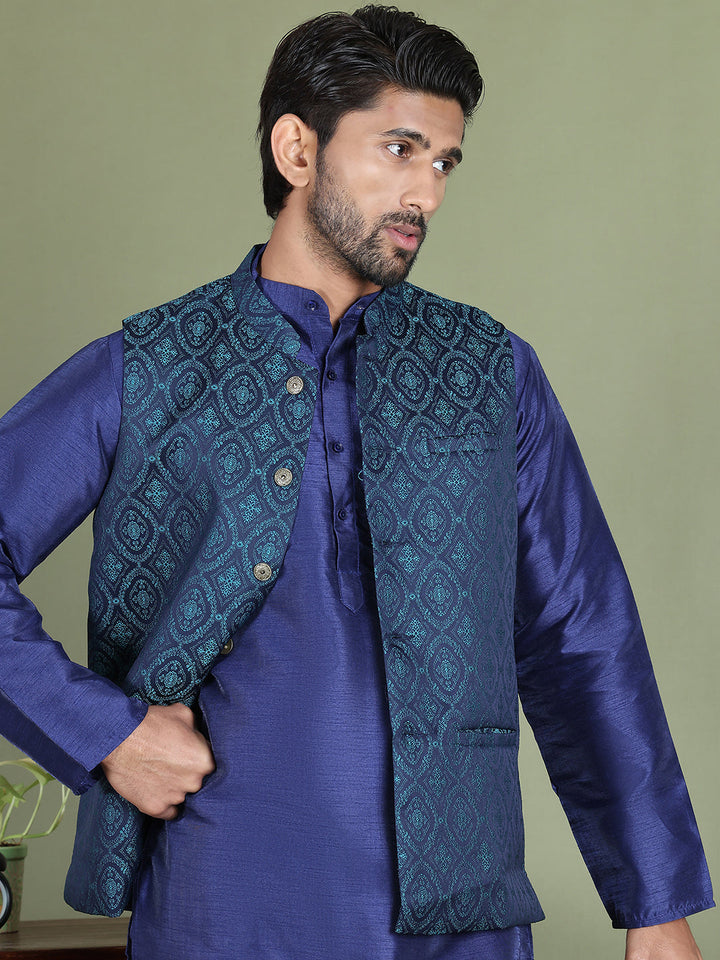 Woven Design Nehru Jacket With Solid Kurta Pyjama For Men