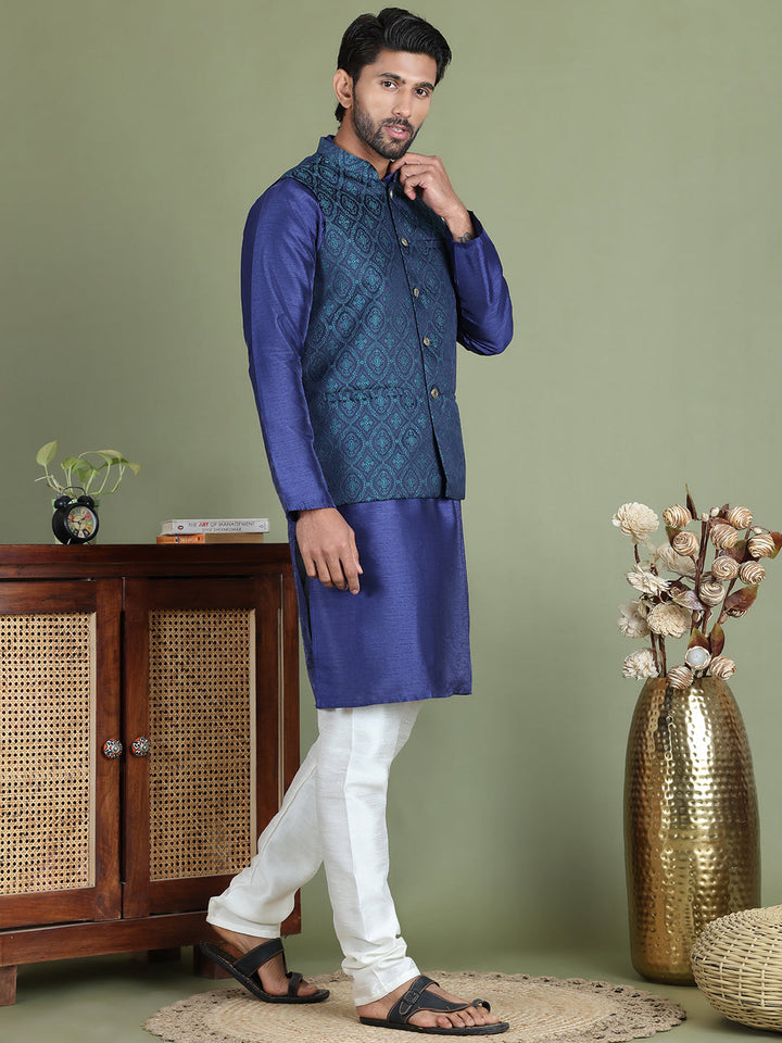 Woven Design Nehru Jacket With Solid Kurta Pyjama For Men