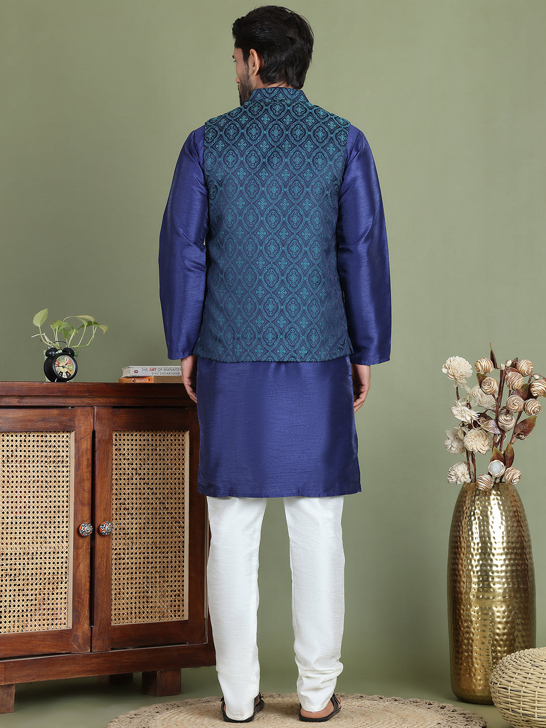 Woven Design Nehru Jacket With Solid Kurta Pyjama For Men