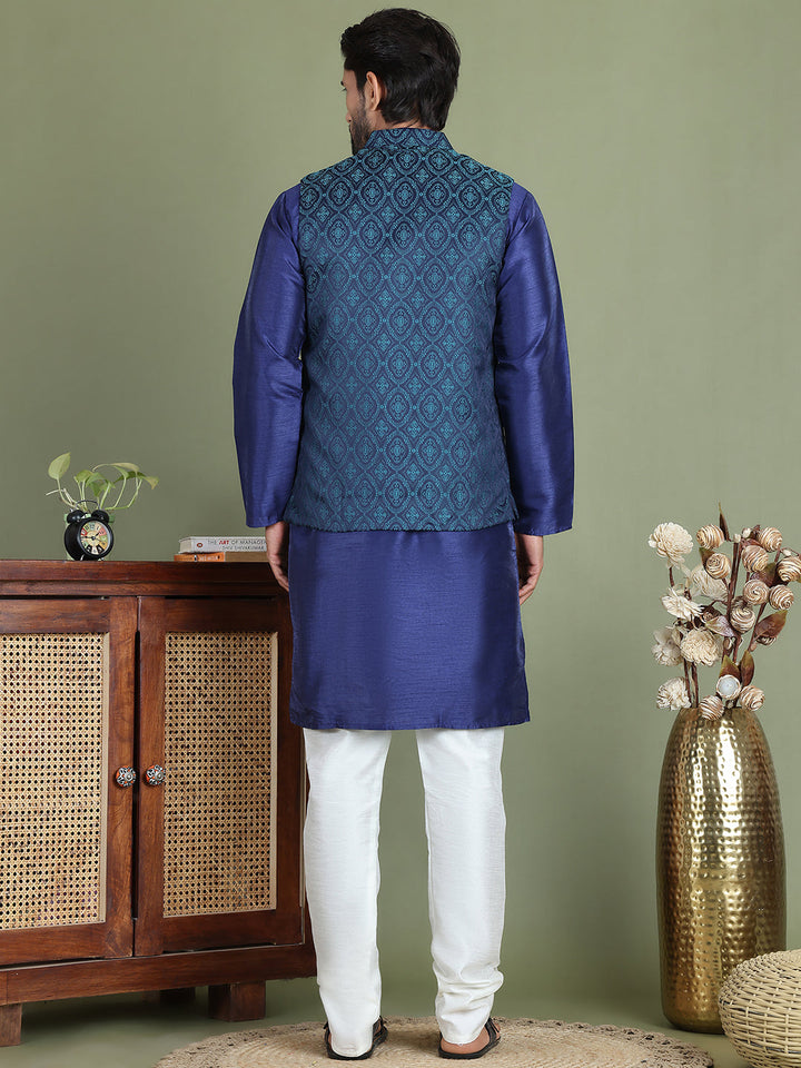 Woven Design Nehru Jacket With Solid Kurta Pyjama For Men