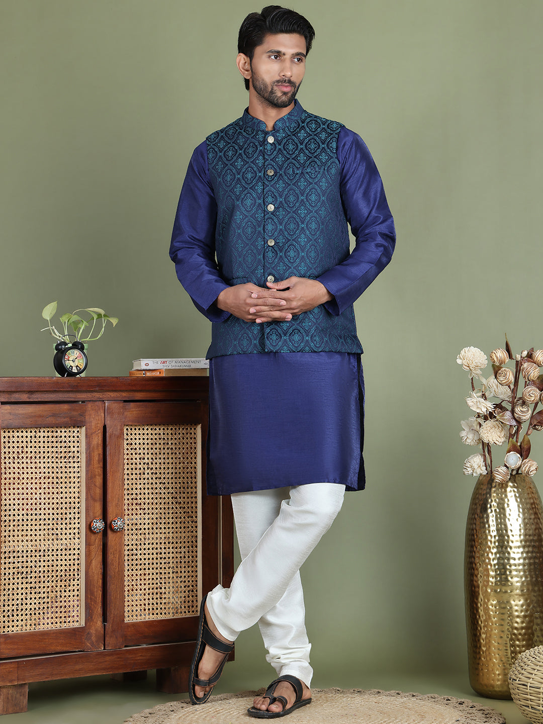 Woven Design Nehru Jacket With Solid Kurta Pyjama For Men