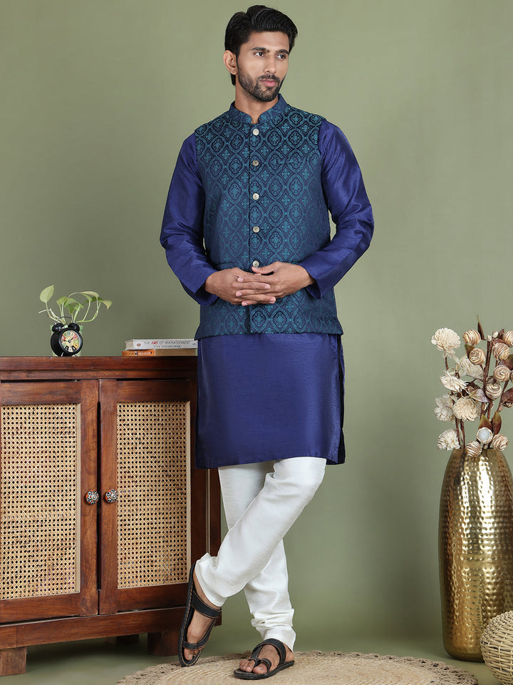 Woven Design Nehru Jacket With Solid Kurta Pyjama For Men