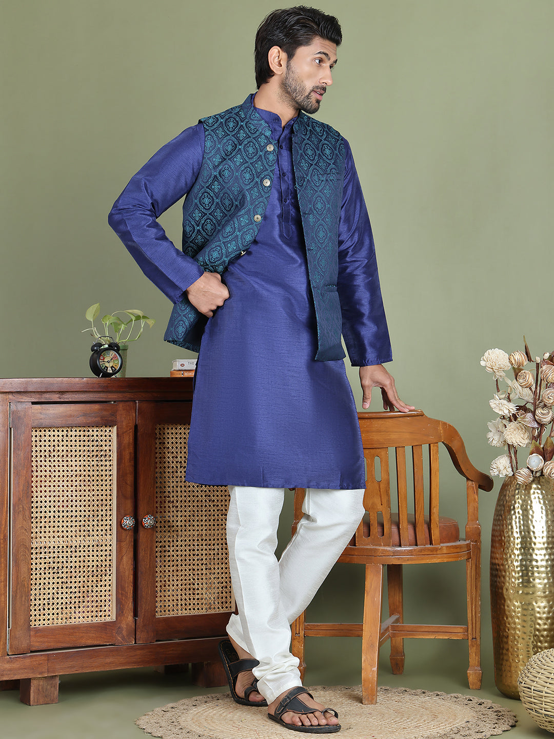 Woven Design Nehru Jacket With Solid Kurta Pyjama For Men