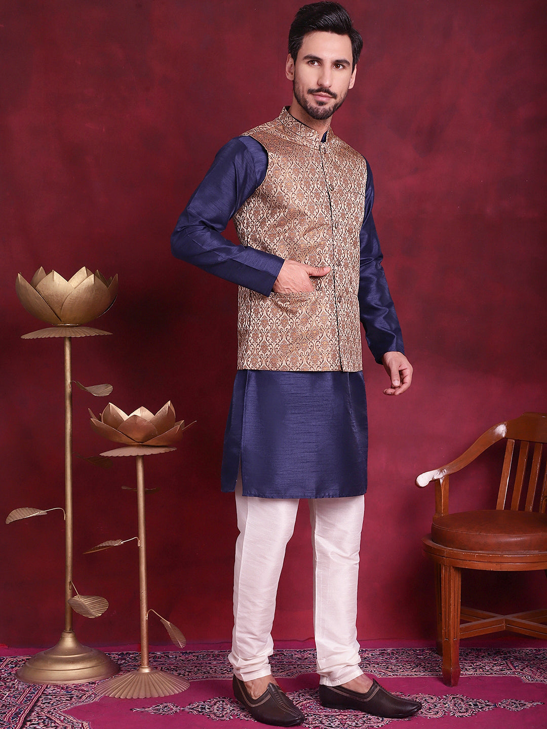 Woven Design Nehru Jacket With Kurta Pyjama Set