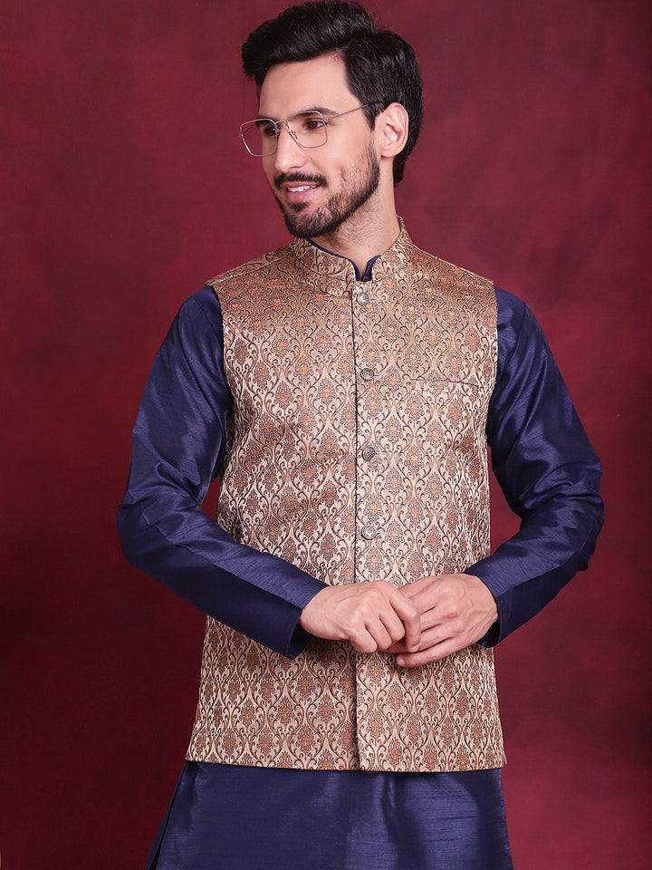 Woven Design Nehru Jacket With Kurta Pyjama Set