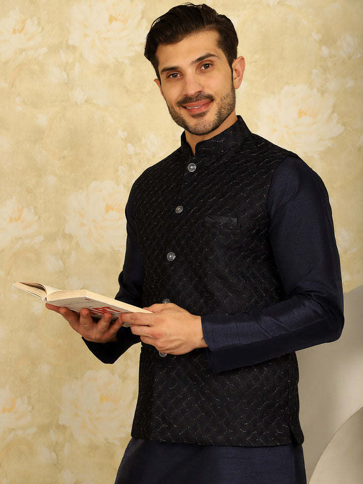 Navy Blue Woven Design Nehru Jacket With Kurta Pyjama Set
