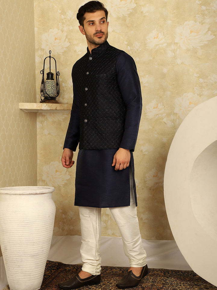Navy Blue Woven Design Nehru Jacket With Kurta Pyjama Set