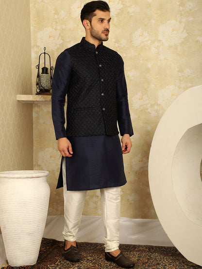 Navy Blue Woven Design Nehru Jacket With Kurta Pyjama Set