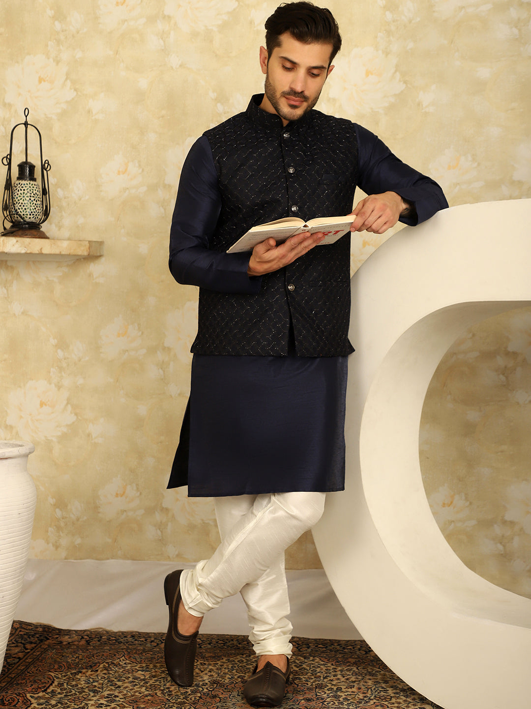 Navy Blue Woven Design Nehru Jacket With Kurta Pyjama Set
