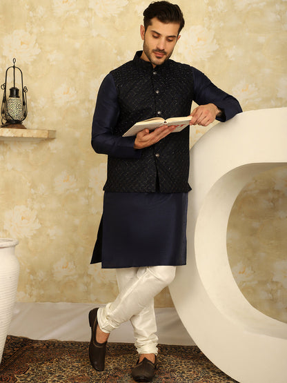 Navy Blue Woven Design Nehru Jacket With Kurta Pyjama Set