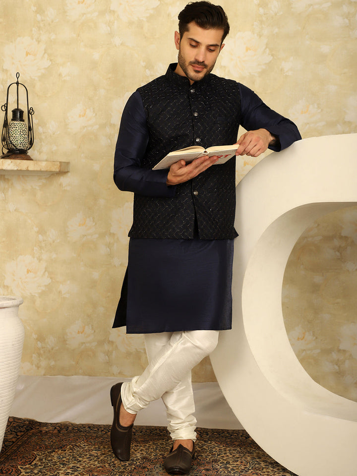 Navy Blue Woven Design Nehru Jacket With Kurta Pyjama Set