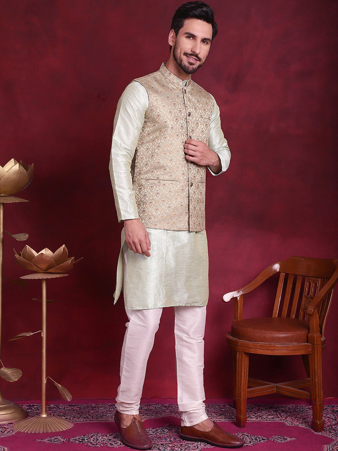 Woven Design Nehru Jacket With Kurta Pyjama Set