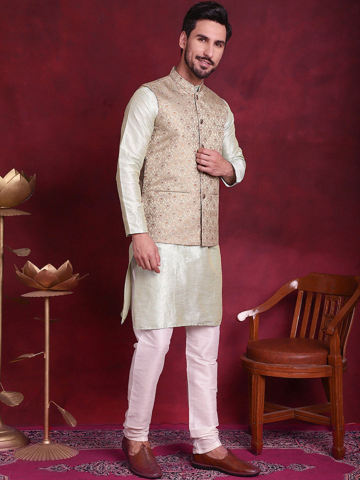 Woven Design Nehru Jacket With Kurta Pyjama Set