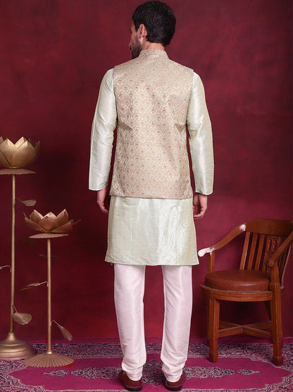 Woven Design Nehru Jacket With Kurta Pyjama Set