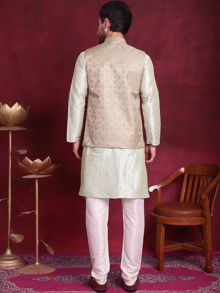 Woven Design Nehru Jacket With Kurta Pyjama Set
