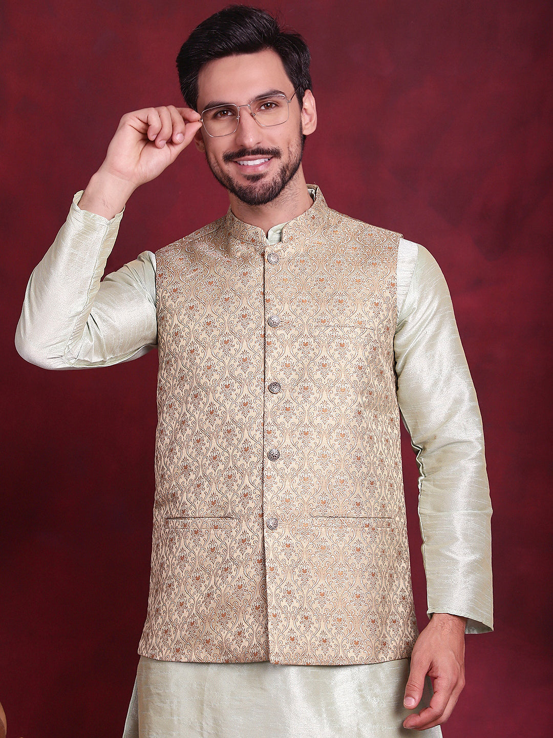 Woven Design Nehru Jacket With Kurta Pyjama Set