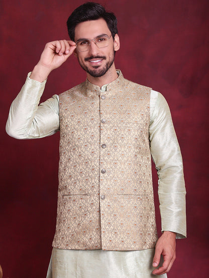Woven Design Nehru Jacket With Kurta Pyjama Set