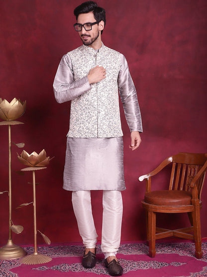 Woven Design Nehru Jacket With Kurta Pyjama Set
