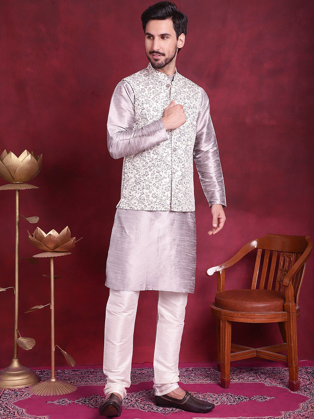 Woven Design Nehru Jacket With Kurta Pyjama Set