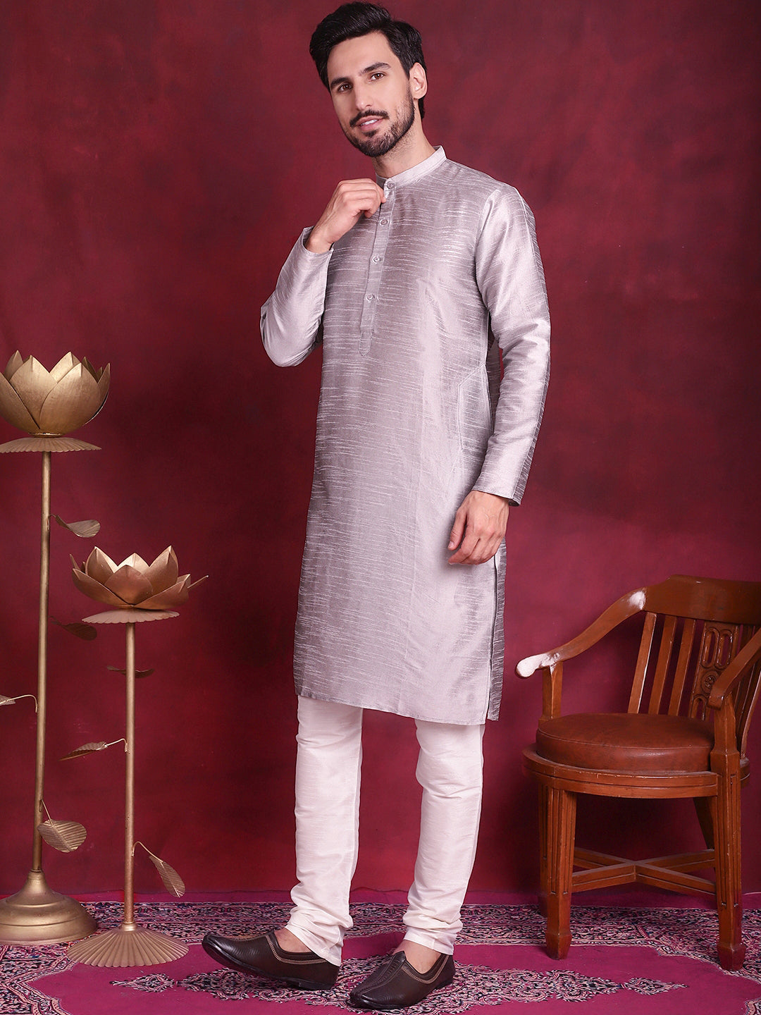 Woven Design Nehru Jacket With Kurta Pyjama Set